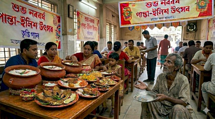 পান্তা-ইলিশে উচ্ছ্বাস, ফুটপাতে ক্ষুধার দীর্ঘশ্বাস